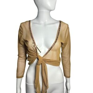 Cordelia Beaded Sheer Beige Blouse Crop Top S Tied New $138